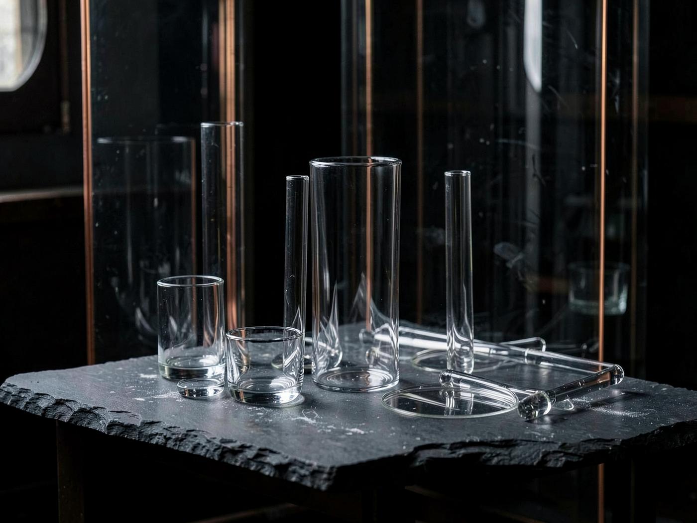 Hand-blown borosilicate glassware on a workbench