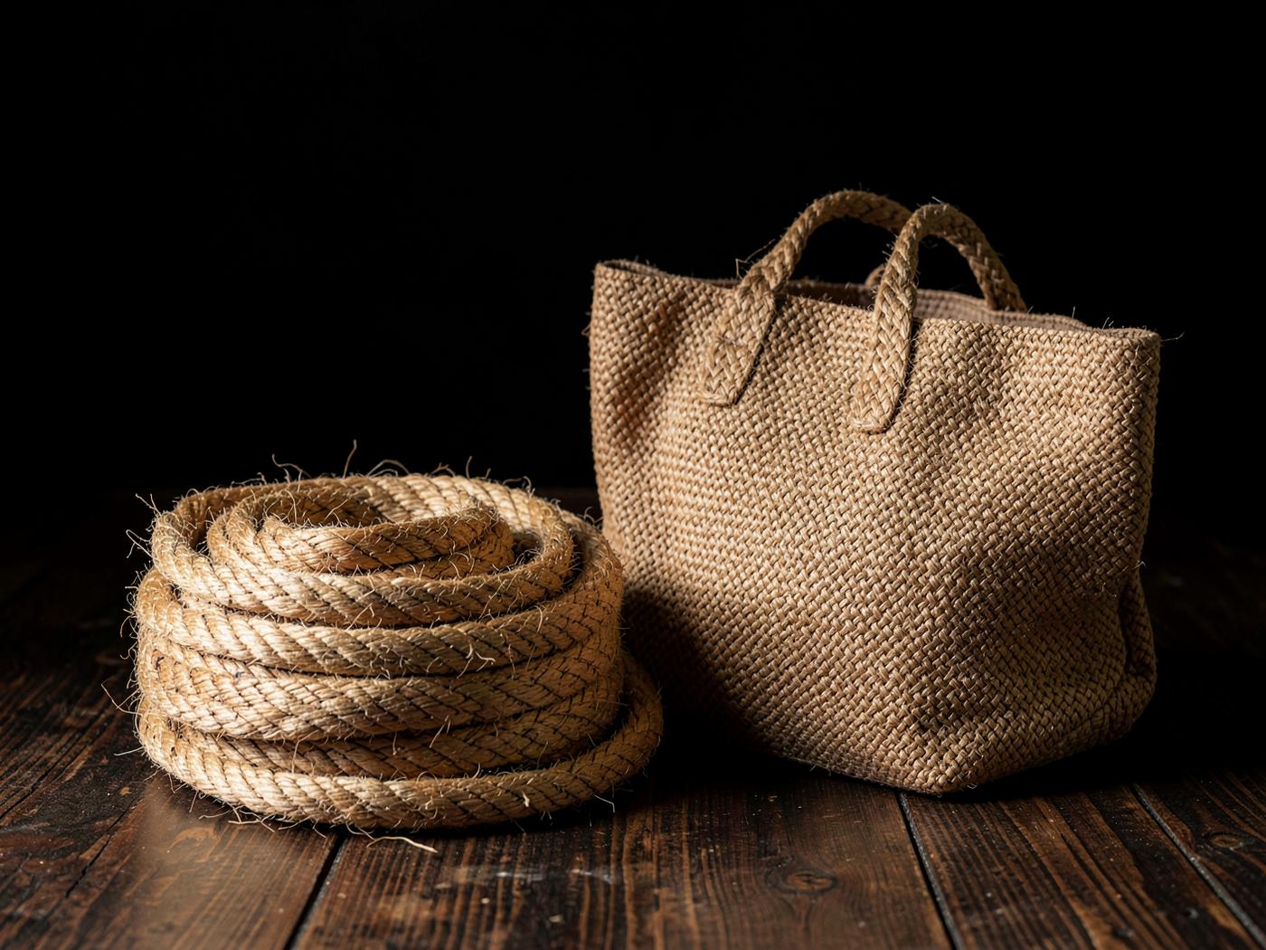 Hemp fiber and woven goods arranged on a work surface