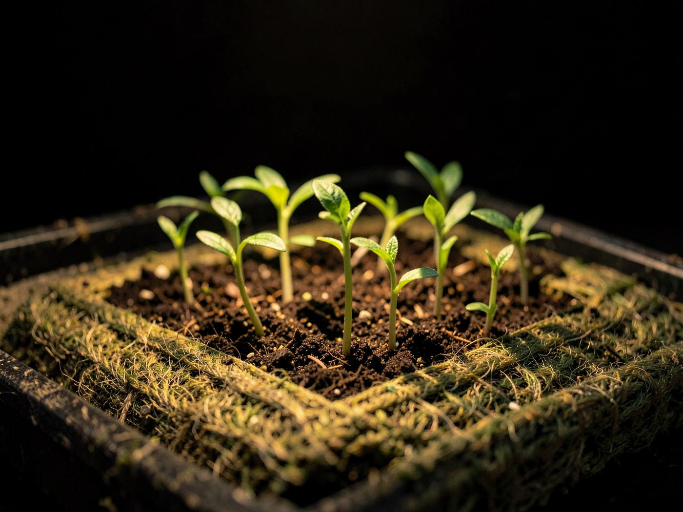 Young seedlings in trays under grow lighting