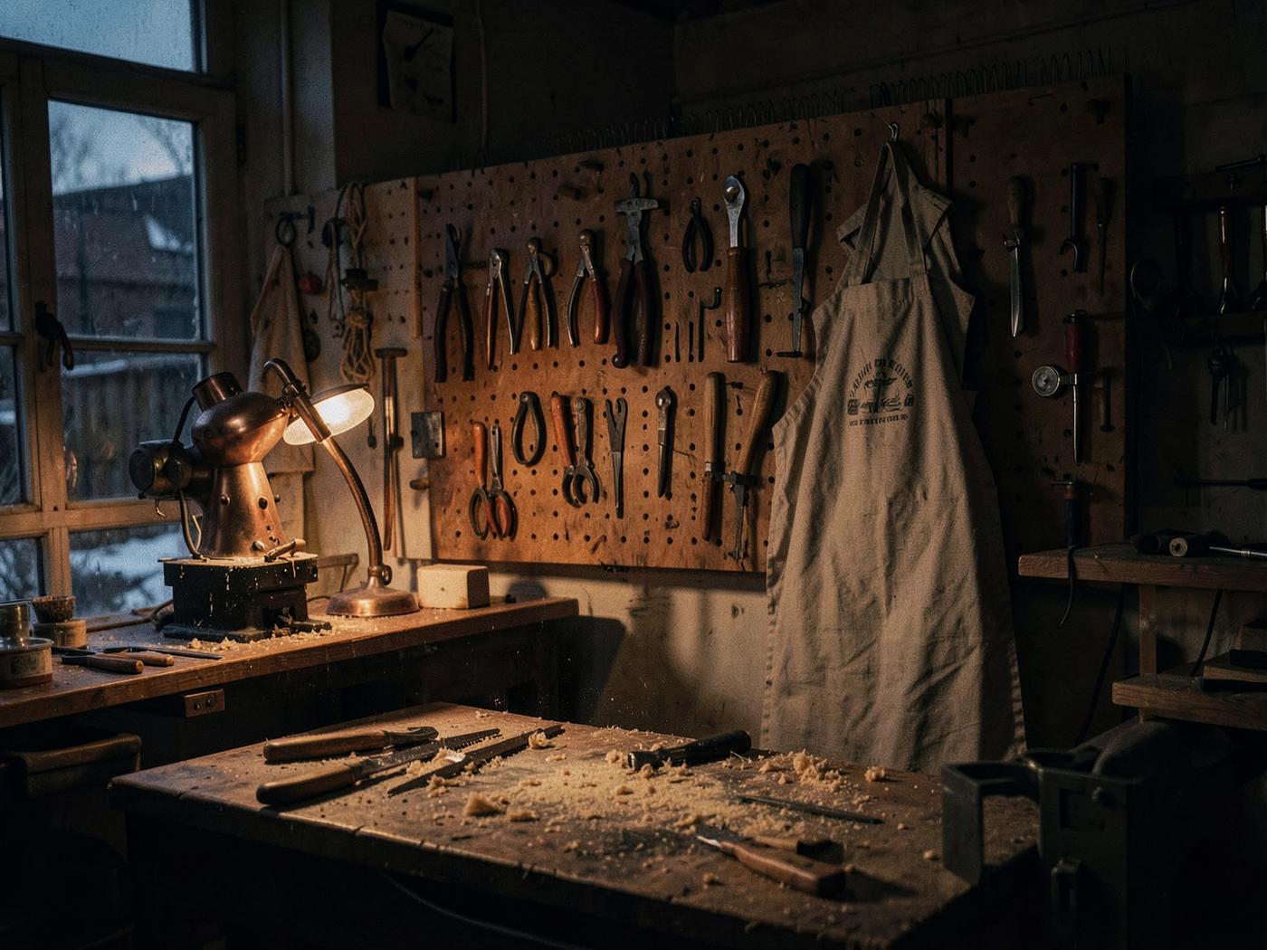 Workshop bench with tools used to assemble grow room hardware